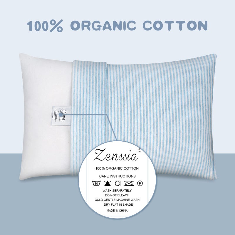 Zenssia Organic Cotton Toddler Pillowcase/Travel Pillowcase Pack of 2 Set 13x18 Inches with Envelope Closure - Soft & Breathable Baby Pillow Case Cover Blue Stripe - Image 2